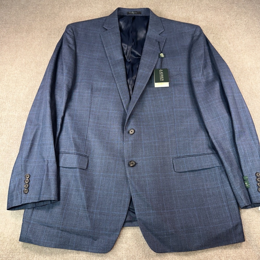Lauren Ralph Lauren Mens Navy Plaid Silk Wool Blend Suit Jacket Blazer 48L 7215